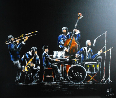 Schilderij getiteld "Le Concert de Jazz" door Axelle Bosler, Origineel Kunstwerk, Olie Gemonteerd op Frame voor houten branc…