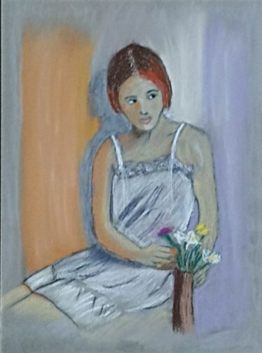图画 标题为“Femme aux bouquets” 由Gerard Pompee, 原创艺术品, 粉彩