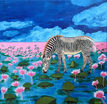 Zèbre dans un champ de lotus roses Peinture intitulée "Zèbre dans un champ…" par Pascal Poutchnine, Œuvre d'art originale, Acrylique Monté sur Châssis en bois