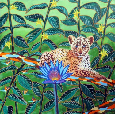 Léopardeau et le nymphéa Peinture intitulée "Léopardeau et le ny…" par Pascal Poutchnine, Œuvre d'art originale, Acrylique Monté sur Châssis en bois