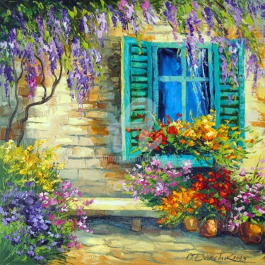 Pintura titulada "Wisteria at the win…" por Olha, Obra de arte original, Oleo Montado en Bastidor de camilla de madera
