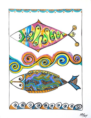 绘画 标题为“poisson sur papier 1” 由Anne Cabon, 原创艺术品, 丙烯