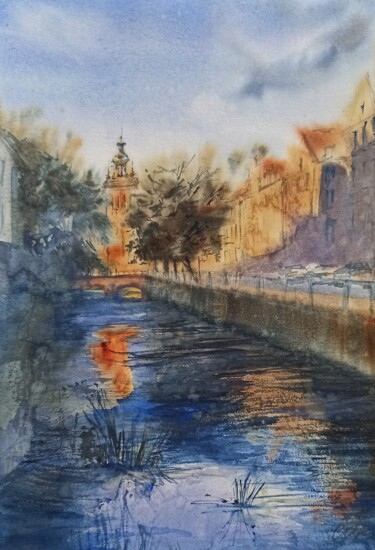 Картина под названием "Street of the city…" - Олена Колєснік, Подлинное произведение искусства, Акварель