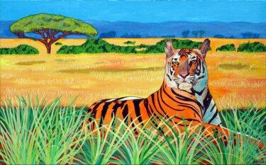 Un tigre dans la savane ! Peinture intitulée "Un tigre dans la sa…" par Pascal Poutchnine, Œuvre d'art originale, Acrylique Monté sur Châssis en bois