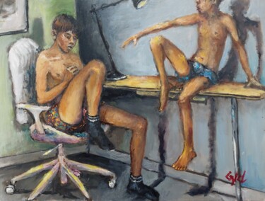 제목이 "Studying"인 미술작품 Giorgos Nicolaou (Gncl)로, 원작, 기름 판지에 장착됨