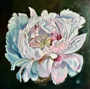 White peony - oil painting on canvas 60*60 sm Painting titled "White peony - oil p…" by Ekaterina Larina, Original Artwork, Oil Mounted on Wood Stretcher frame