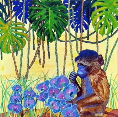Bébé babouin olive à la brindille Peinture intitulée "Bébé babouin olive…" par Pascal Poutchnine, Œuvre d'art originale, Acrylique Monté sur Châssis en bois
