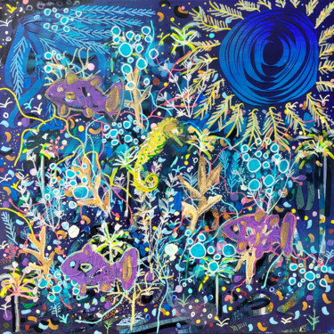 Painting titled "Fonds marins forains" by Muriel Cayet, Original Artwork, Acrylic Mounted on Wood Stretcher frame