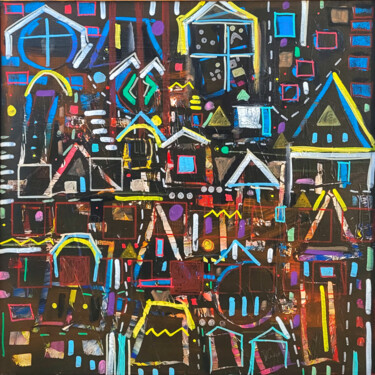 Painting titled "Ville foraine" by Muriel Cayet, Original Artwork, Acrylic Mounted on Wood Stretcher frame