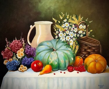 Peinture intitulée "Citrouilles et fleu…" par Anerosh, Œuvre d'art originale, Huile Monté sur Châssis en bois