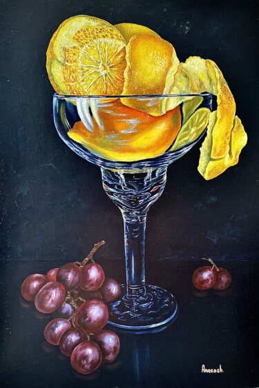Peinture intitulée "Raisins et citrons" par Anerosh, Œuvre d'art originale, Huile Monté sur Châssis en bois