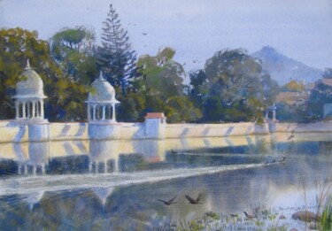 Late Afternoon at lakeside Malerei mit dem Titel "Late Afternoon at l…" von Bhargavkumar Kulkarni, Original-Kunstwerk, Aquarell