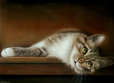 Peinture intitulée "Chat rêveur" par Cathy Cheneau, Œuvre d'art originale, Pastel