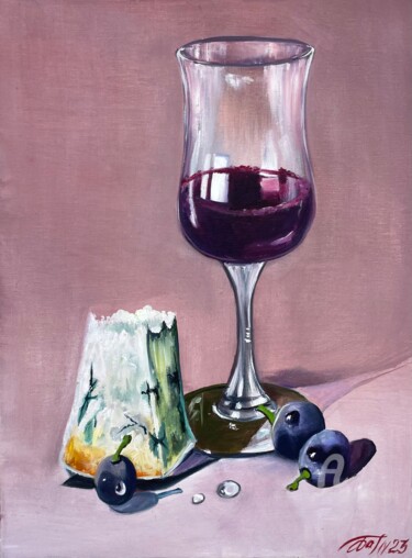 Ζωγραφική με τίτλο "Cheese and wine" από Anna Pavlovich-Naneva, Αυθεντικά έργα τέχνης, Λάδι Τοποθετήθηκε στο Ξύλινο φορείο σ…