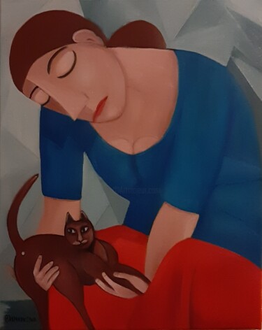 Schilderij getiteld "Mulher com um gato" door Olena Blinnikova, Origineel Kunstwerk, Olie Gemonteerd op Frame voor houten br…
