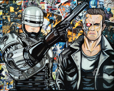 绘画 标题为“Robocop Vs T2” 由Handfabdream, 原创艺术品, 丙烯 安装在木板上