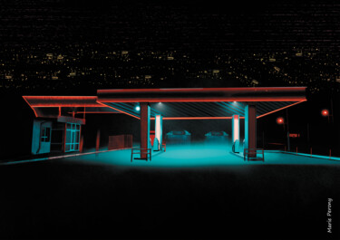 Gas station by night Peinture intitulée "Gas station by night" par Marie Perony, Œuvre d'art originale, Peinture numérique