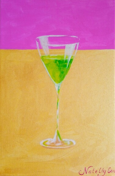 My Cocktail on Gold, artwork on Canvas Green Glass Modern Painting titled "My Cocktail on Gold…" by Natelly Gree, Original Artwork, Acrylic Mounted on Wood Stretcher frame