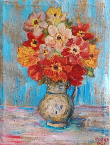 Painting titled "Тюльпаны" by Kozar, Original Artwork, Oil Mounted on Wood Stretcher frame