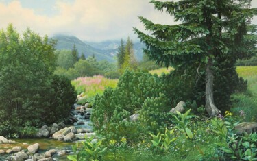 Spring mountain landscape Painting titled "Spring mountain lan…" by Emil Mlynarcik, Original Artwork, Oil Mounted on Wood Stretcher frame