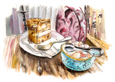 Ζωγραφική με τίτλο "Walnut Cake In Whit…" από Miki De Goodaboom, Αυθεντικά έργα τέχνης, Ακουαρέλα