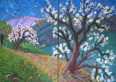 ALMOND BLOSSOM AND GOLDFINCHES IN THE ANDALUCIAN MOUNTAINS Painting titled "ALMOND BLOSSOM AND…" by Kirsty Wain, Original Artwork, Oil