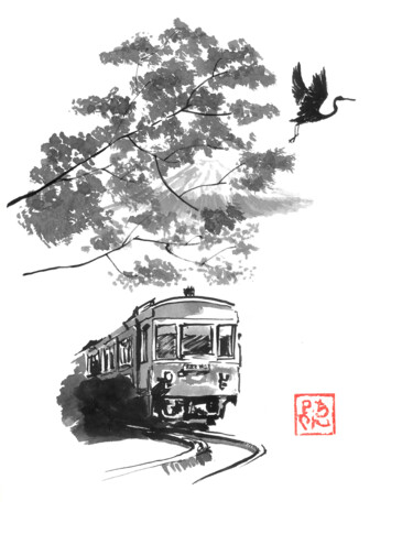 "train and fuji" başlıklı Resim Péchane tarafından, Orijinal sanat, Suluboya