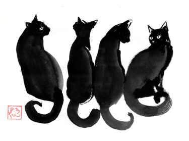 图画 标题为“4 black cats” 由Péchane, 原创艺术品, 水彩