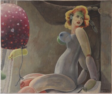 제목이 "donna con palloncini"인 미술작품 Domenico Ventura로, 원작, 기름 나무 들것 프레임에 장착됨