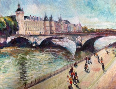 Peinture intitulée "Balade sur les quai…" par Philippe Petit, Œuvre d'art originale, Huile Monté sur Châssis en bois