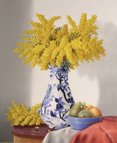 Le bouquet de mimosas et bol de fruits Картина под названием "Le bouquet de mimos…" - Reza Sarrafi, Подлинное произведение искусства, Масло Установлен на Деревянна…