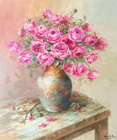 Painting titled "Bình hoa hồng ("A v…" by Thi Dung Nguyen, Original Artwork, Acrylic