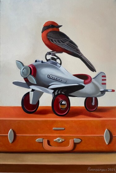 Still life with bird and plane (24x35cm, oil painting, ready 绘画 标题为“Still life with bir…” 由Ara Gasparyan, 原创艺术品, 油 安装在木质担架架上
