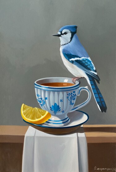 STILL LIFE WITH BIRD, CUP AND LEMON (24X35CM, OIL PAINTING, 绘画 标题为“STILL LIFE WITH BIR…” 由Ara Gasparyan, 原创艺术品, 油 安装在木质担架架上