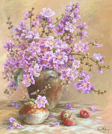 Painting titled "Lọ bằng lăng ("A va…" by Thi Dung Nguyen, Original Artwork, Acrylic