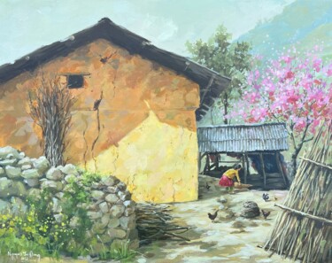 Painting titled "Nắng chiều vùng cao…" by Thi Dung Nguyen, Original Artwork, Acrylic