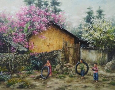 Painting titled "Nhà em vùng cao ("O…" by Thi Dung Nguyen, Original Artwork, Acrylic