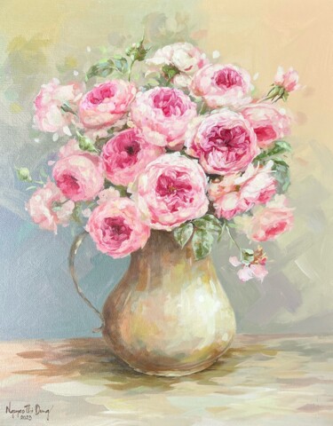 Painting titled "Lọ hoa hồng ("A vas…" by Thi Dung Nguyen, Original Artwork, Acrylic
