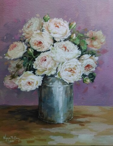 Painting titled "Lọ hồng trắng ("A v…" by Thi Dung Nguyen, Original Artwork, Acrylic