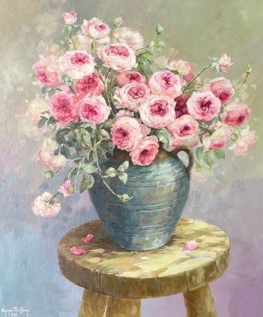 Painting titled "Bình hoa hồng II ("…" by Thi Dung Nguyen, Original Artwork, Acrylic