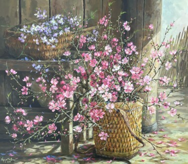 Painting titled "Gùi hoa đào ("A bas…" by Thi Dung Nguyen, Original Artwork, Acrylic