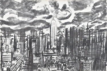 「Echafaudage New York」というタイトルの絵画 Sylvain Thieurmelによって, オリジナルのアートワーク, 木炭 ウッドストレッチャーフレームにマウント