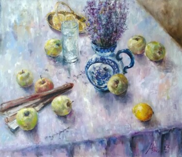 Painting titled "Still life with lav…" by Maria Bel, Original Artwork, Oil Mounted on Cardboard