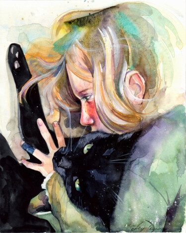 Close friend Schilderij getiteld "Close friend" door Leyla Zhunus, Origineel Kunstwerk, Aquarel