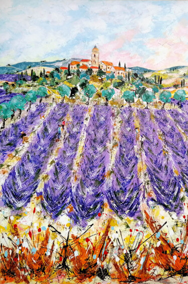 Peinture intitulée "Champs de lavande a…" par Jean-Pierre Borderie, Œuvre d'art originale, Acrylique Monté sur Châssis en bo…