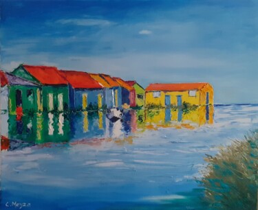 Schilderij getiteld "Maisons de pêcheurs" door Catherine Meyza, Origineel Kunstwerk, Olie Gemonteerd op Frame voor houten br…