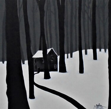 maison dans la forêt et la neige Peinture intitulée "maison dans la forê…" par Sylvie Pinon, Œuvre d'art originale, Acrylique Monté sur Châssis en bois