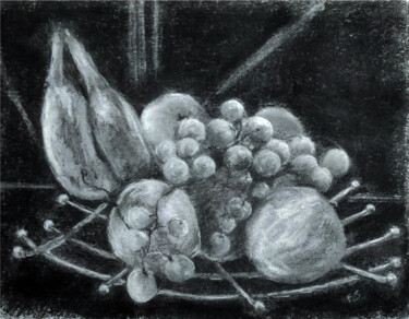 Tekening getiteld "Corbeille de fruits" door Franck Sanz, Origineel Kunstwerk, Houtskool