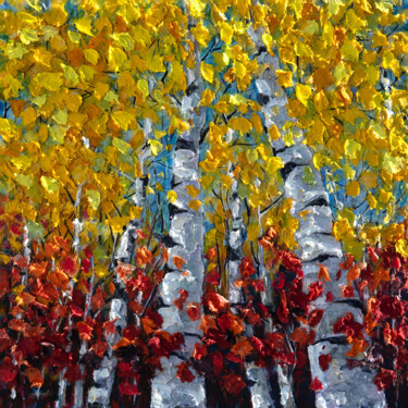 Enchanting Forest: Fall Aspen Birch Palette Knife Trees Peinture intitulée "Enchanting Forest:…" par Olena Art, Œuvre d'art originale, Acrylique