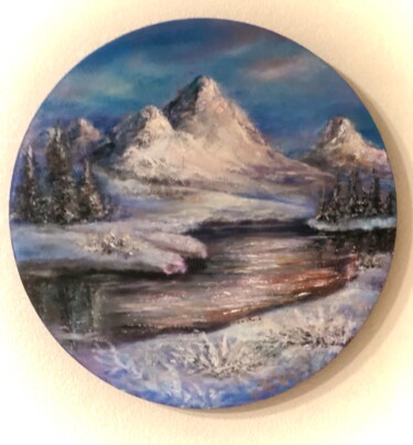 Painting titled ""Dawn in the mounta…" by Madina Tairova, Original Artwork, Oil Mounted on Wood Stretcher frame